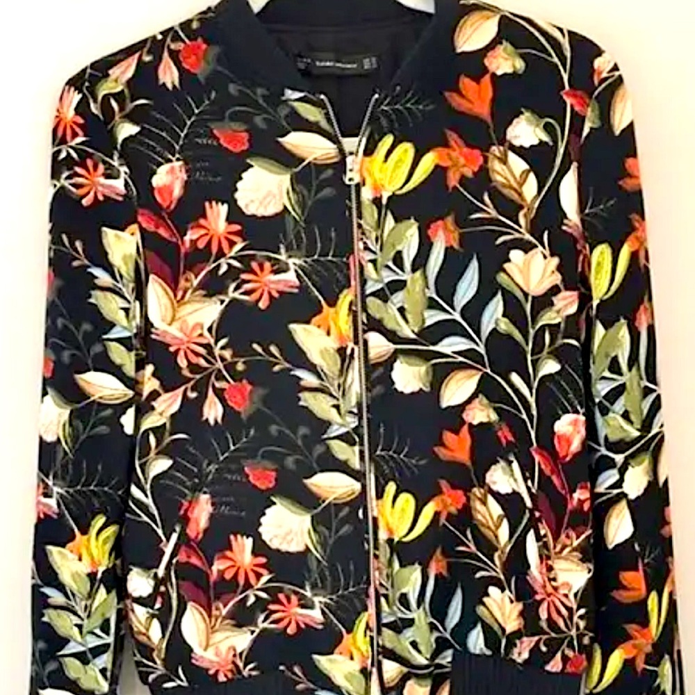 Zara Floral Bomber Jacket in Black with Multicolor Flower Print